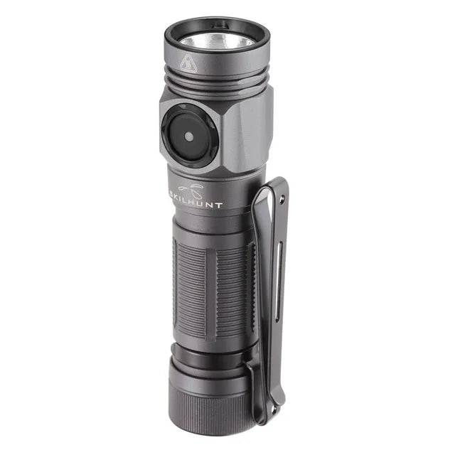 Black flashlight with a visible brand logo on a white background