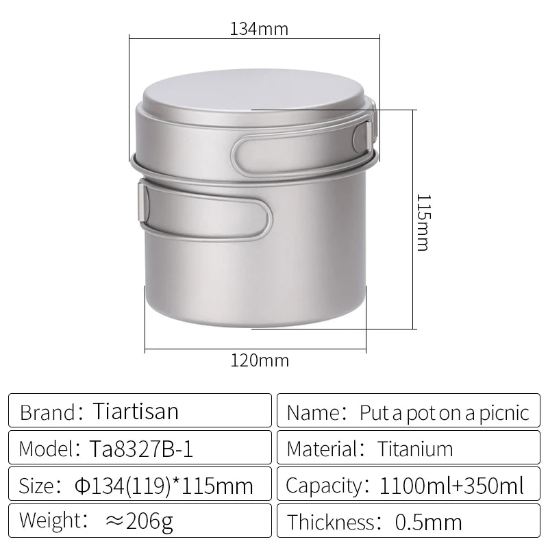 Titanium pot with dimensions and specifications on a white background
