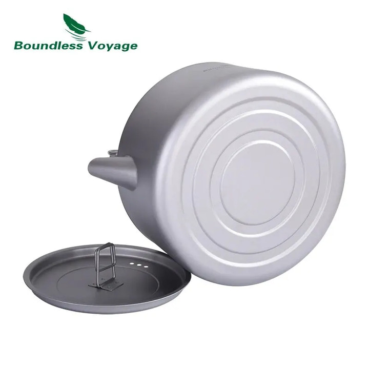 Gray metal pot with lid on a white background, featuring 'Boundless Voyage' logo.