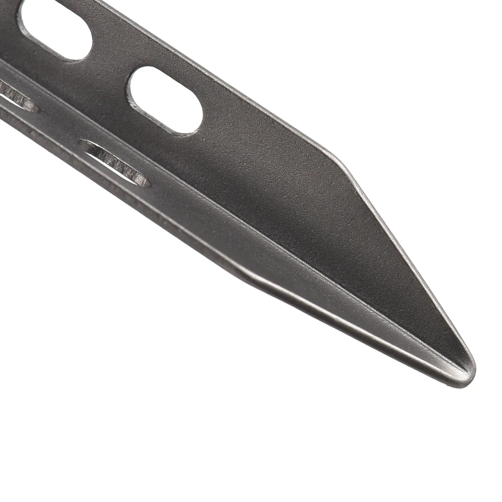 Close-up of a metallic tent stake on a white background