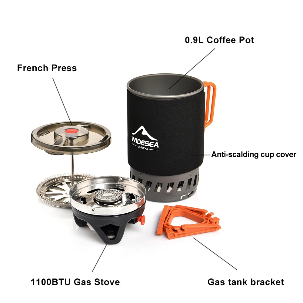 Outdoor cooking set with components labeled including a coffee pot, French press, gas stove, and bracket.