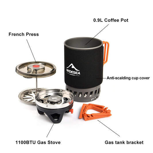 Outdoor cooking set with components labeled including a coffee pot, French press, gas stove, and bracket.