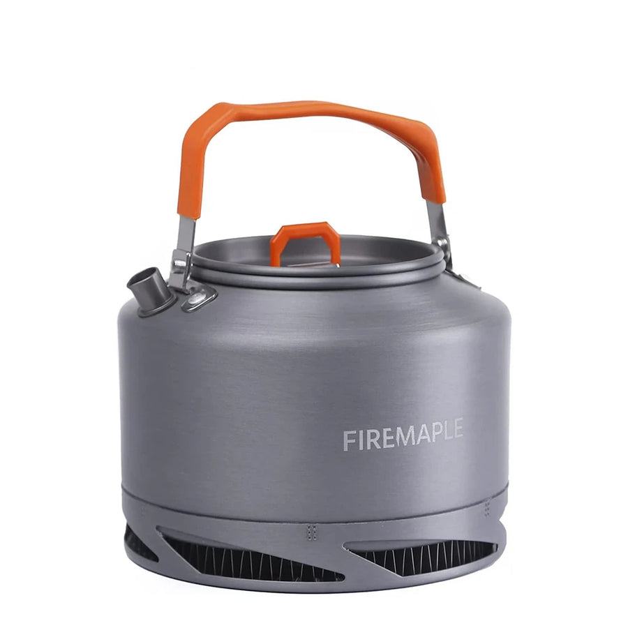 Gray camping kettle with orange handle and 'Firemaple' branding on a white background