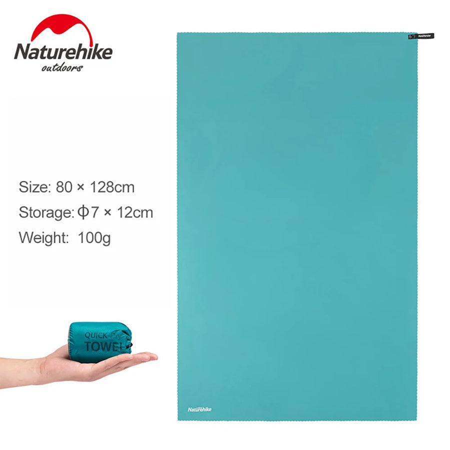 Teal towel with Naturehike branding, size, storage dimensions, and weight displayed.