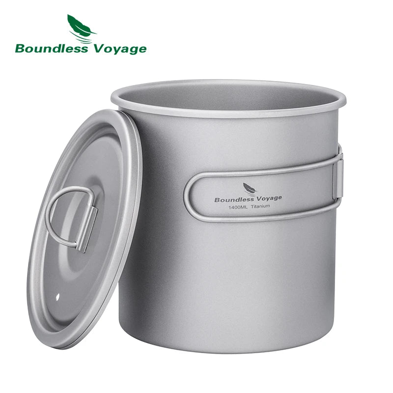 Gray titanium pot with lid on a white background, featuring 'Boundless Voyage' branding.