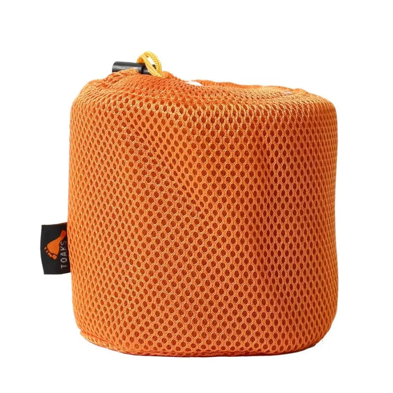 Orange mesh pouch with a brand logo on a white background