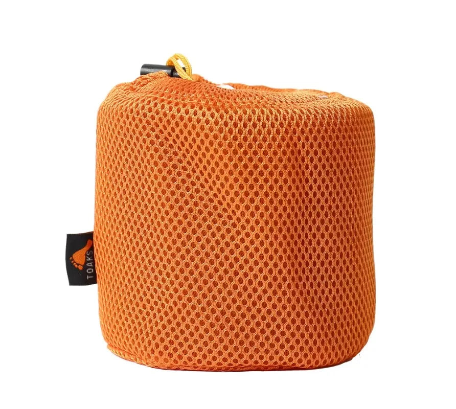 Orange mesh pouch with a brand logo on a white background