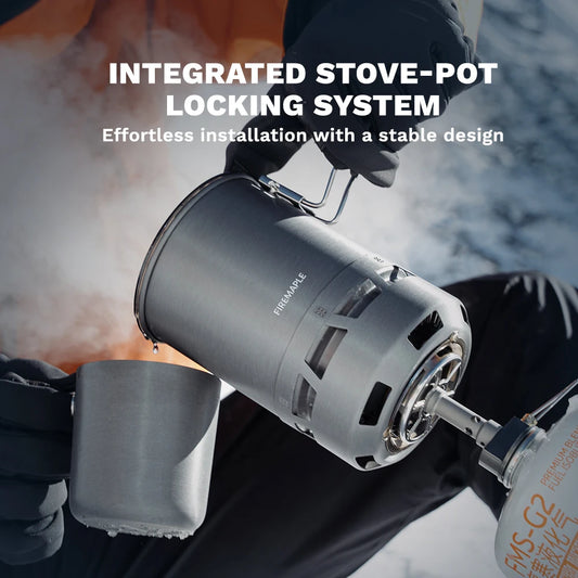 Person using a camping stove with integrated pot and locking system, with text highlighting features.