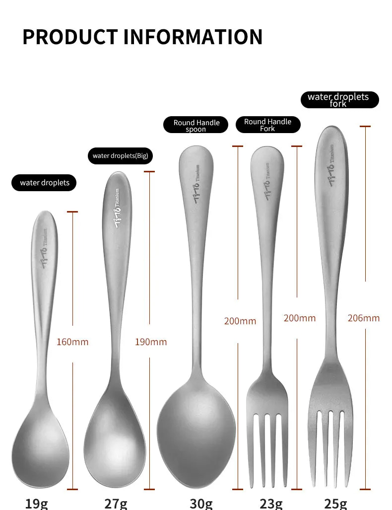 Set of titanium spoons and forks with measurements and weight labels on a white background.