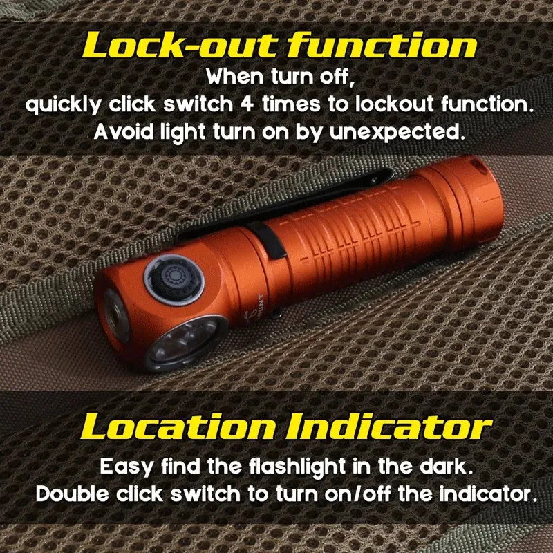 Orange flashlight on a textured surface with text about lock-out function and location indicator.