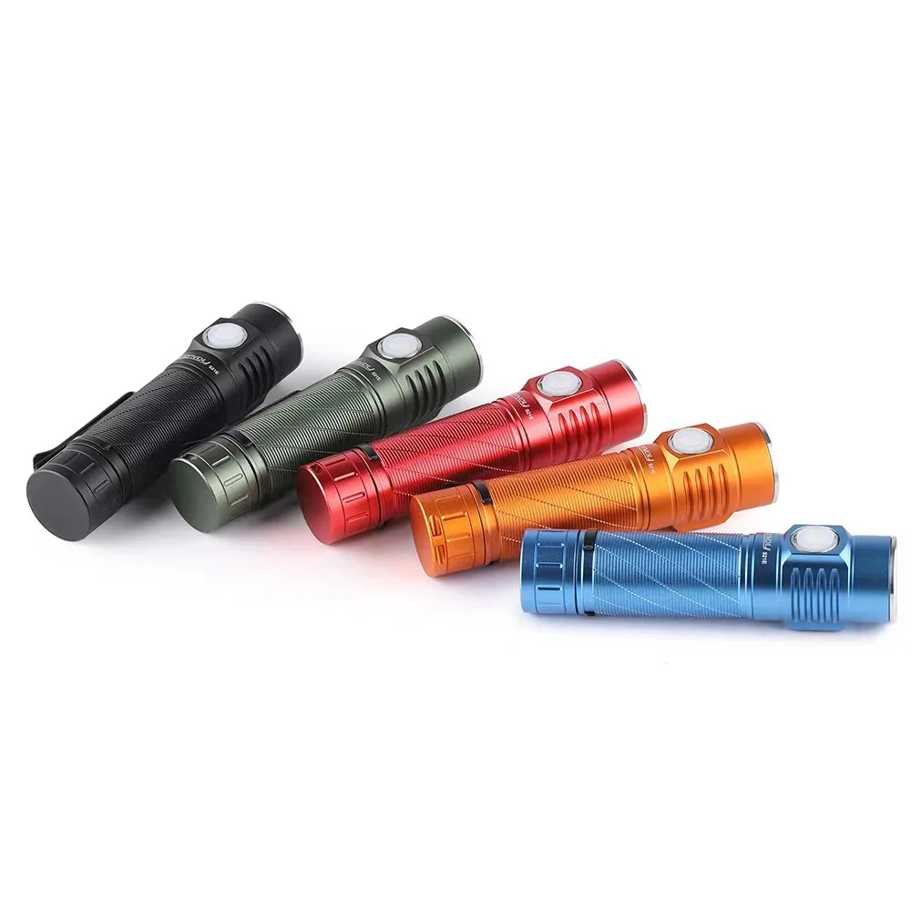 Five flashlights in black, green, red, orange, and blue on a white background