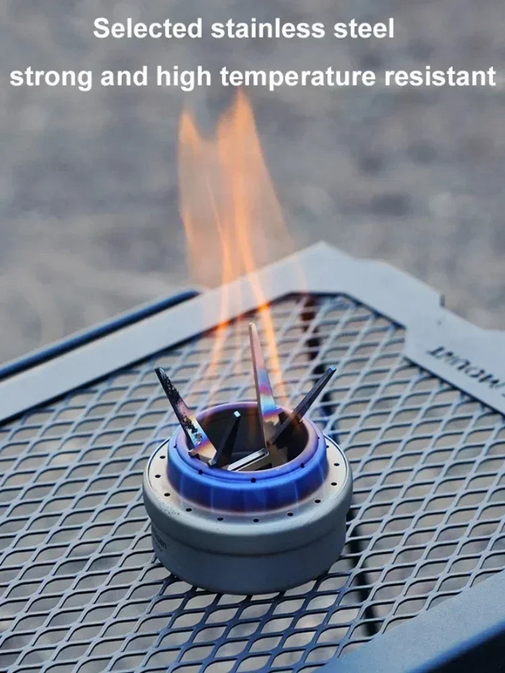 Stainless steel product with flames on a metal surface, text indicating strength and temperature resistance.