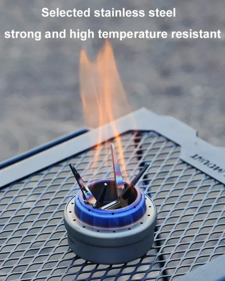 Stainless steel product with flames on a metal surface, text indicating strength and temperature resistance.