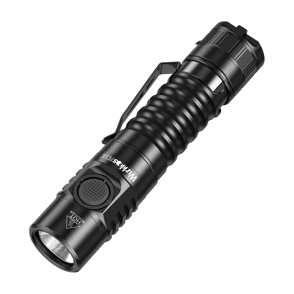 Black flashlight with visible brand logo on a white background