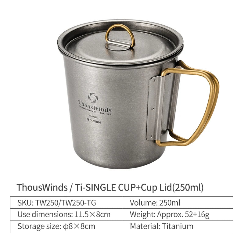 Titanium cup with gold handle and lid on a white background, featuring ThousWinds branding.