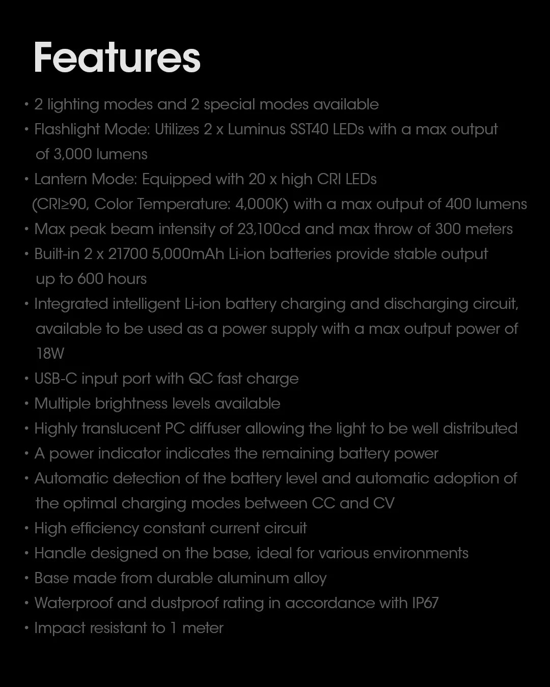 List of features for a lighting device on a black background