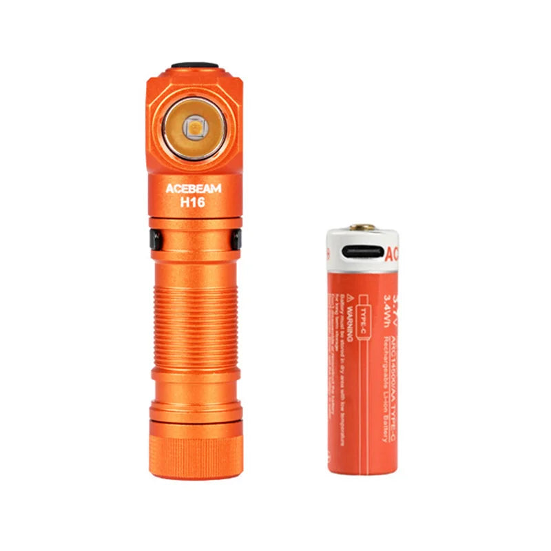 Orange flashlight and battery on a white background