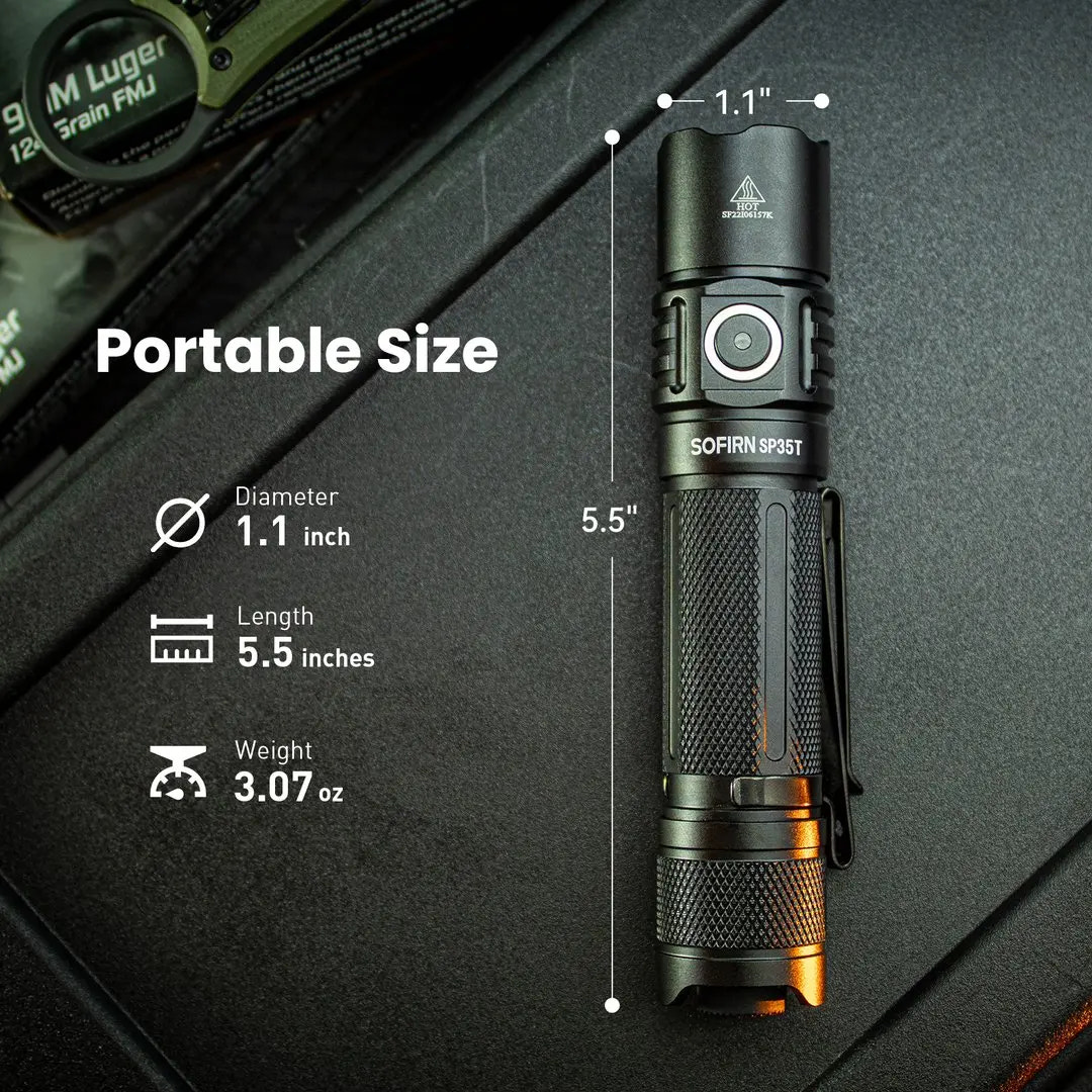 Black flashlight with measurements on a dark background