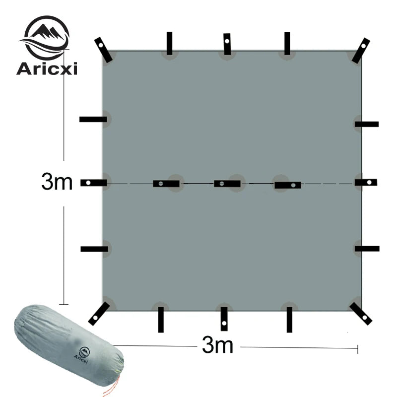 Aricxi tarp with dimensions and a rolled-up tarp at the bottom on a white background