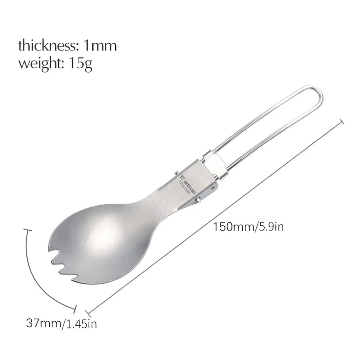 titanium fork and spoon set with measurements on a white background