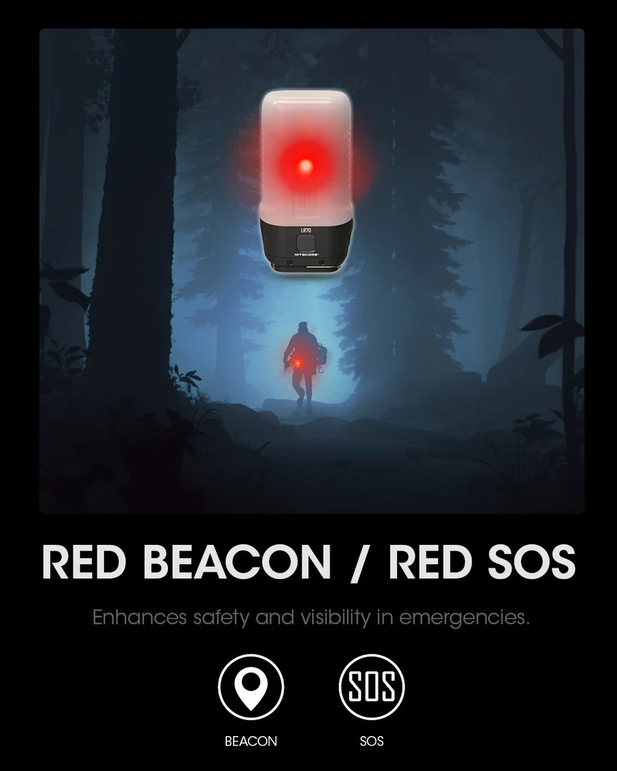 Red beacon in a forest with a person in silhouette, highlighting safety and visibility in emergencies.