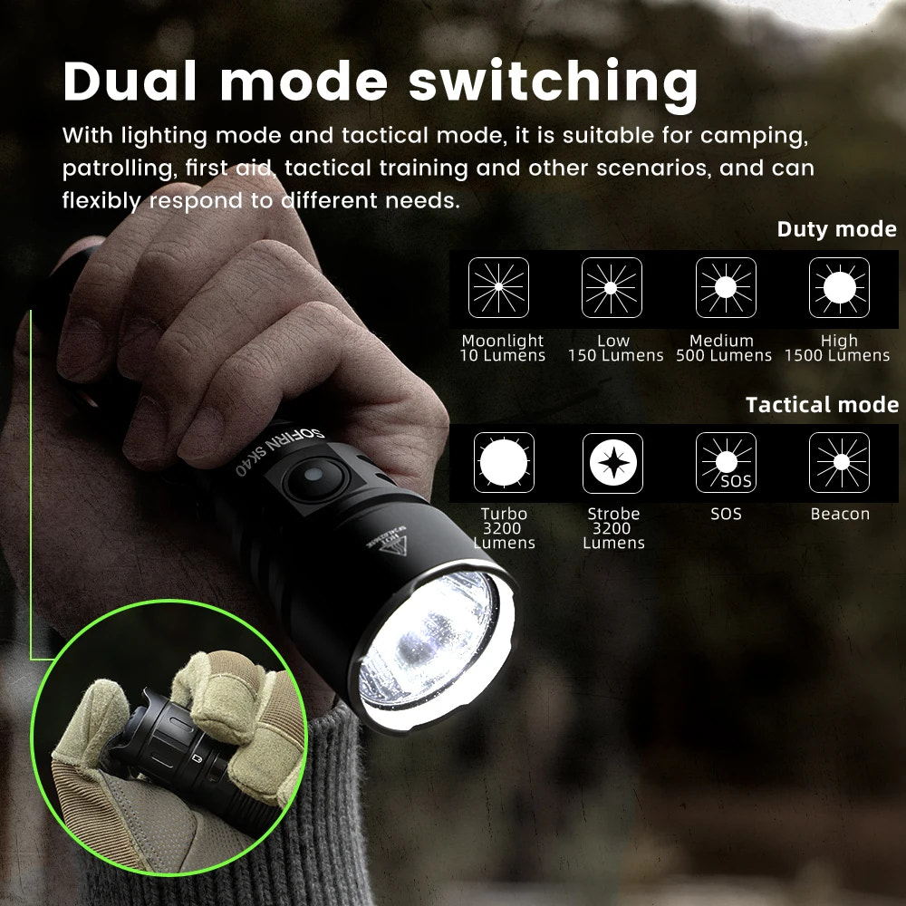 Flashlight with dual mode switching features, suitable for camping and tactical use.