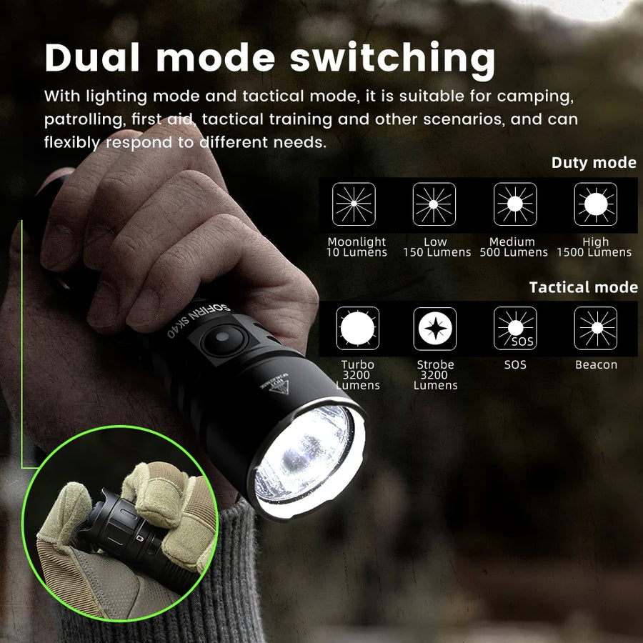Flashlight with dual mode switching features, suitable for camping and tactical use.