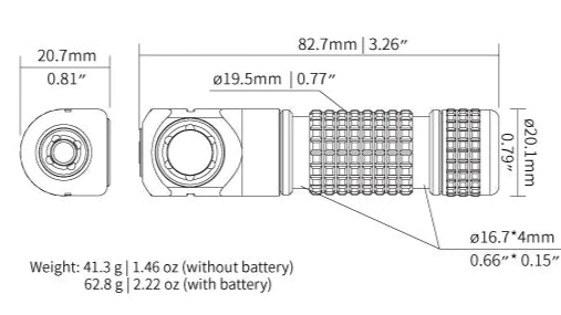Technical drawing of a flashlight with dimensions and weight details