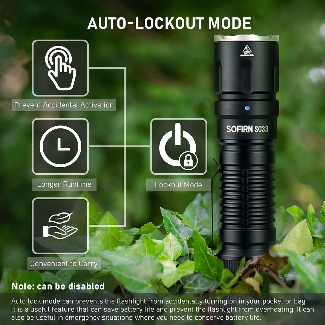 Black flashlight with auto-lockout mode features on a green leafy background