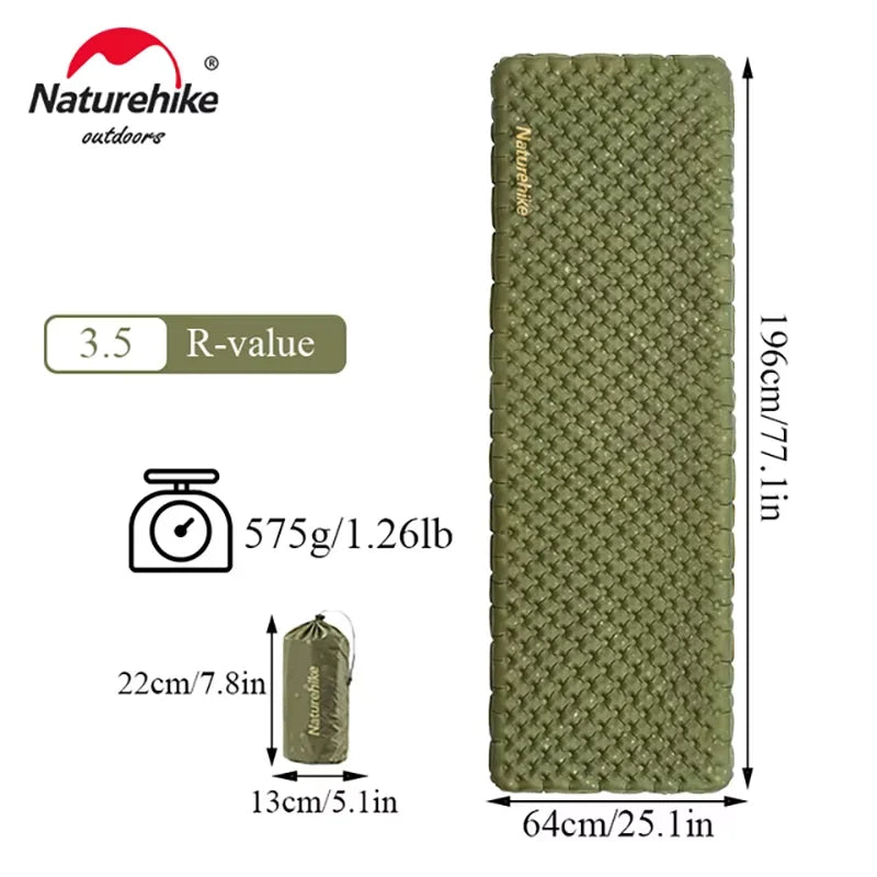 Green camping mat with Naturehike branding, showing dimensions, weight, and R-value on a white background.