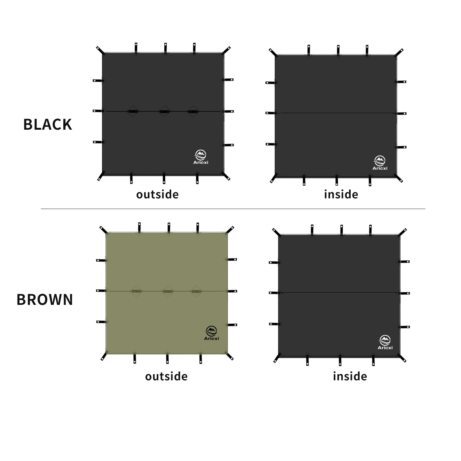 Comparison of black and brown tarp colors on a white background with Arestor branding.