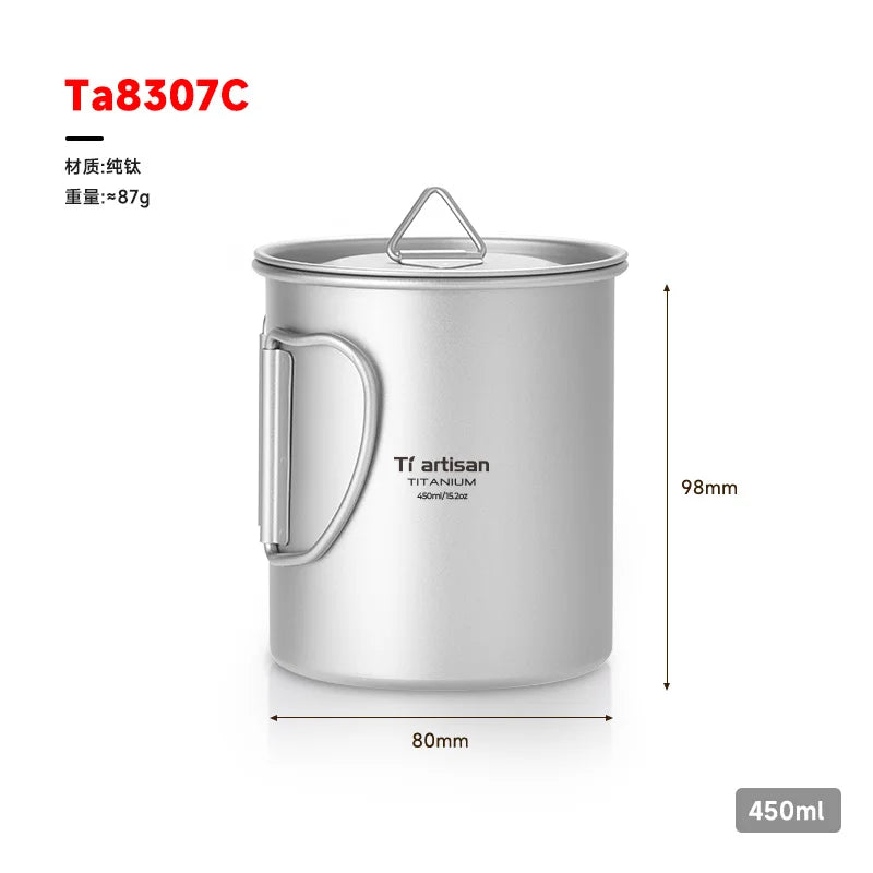 Silver titanium mug with handle and lid, featuring dimensions and weight on a white background.