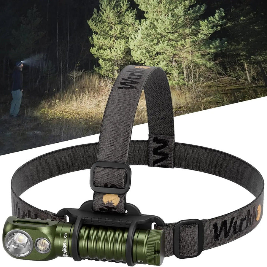 Green headlamp with black strap on a white background, showing use in a dark forest setting.