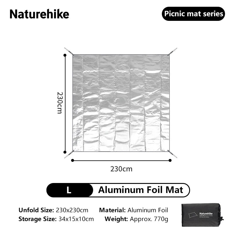 Aluminum foil mat with dimensions and product details on a white background