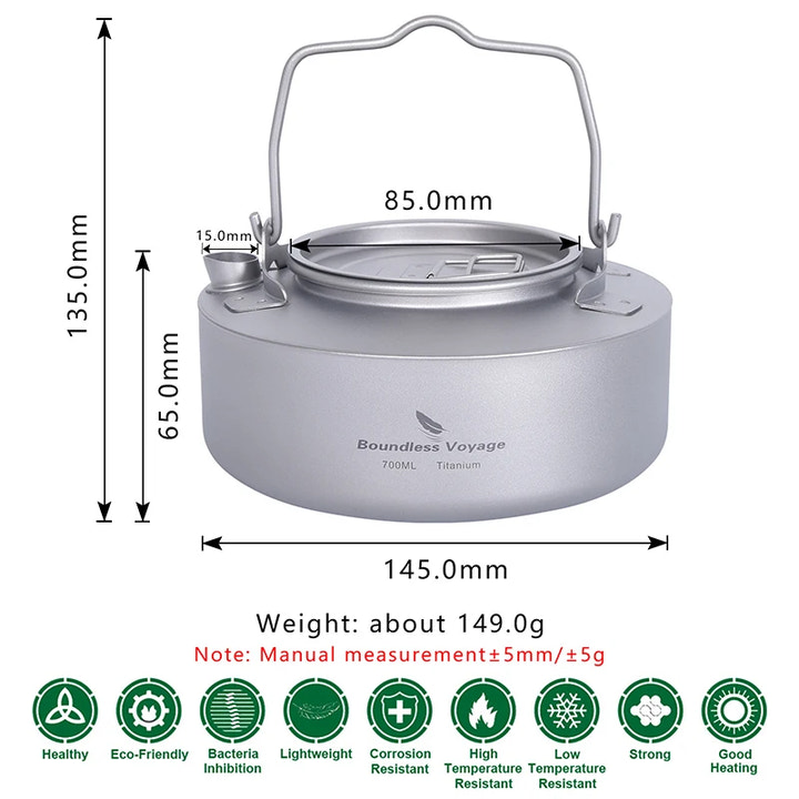 Camping kettle with dimensions and weight information on a white background