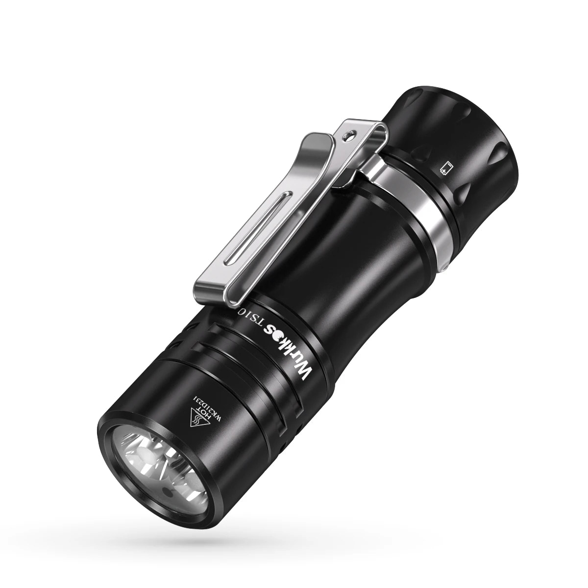 Black flashlight with a clip on a white background