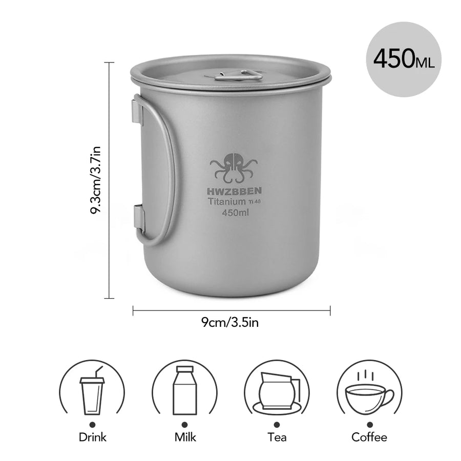 Gray titanium mug with dimensions and uses on a white background