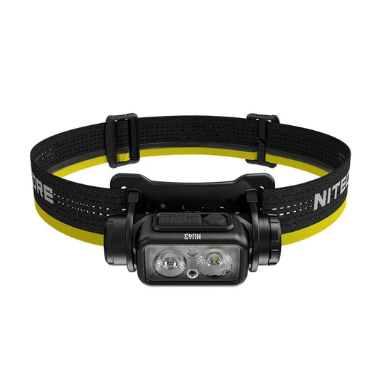 Nitecore headlamp with black and yellow strap on a white background