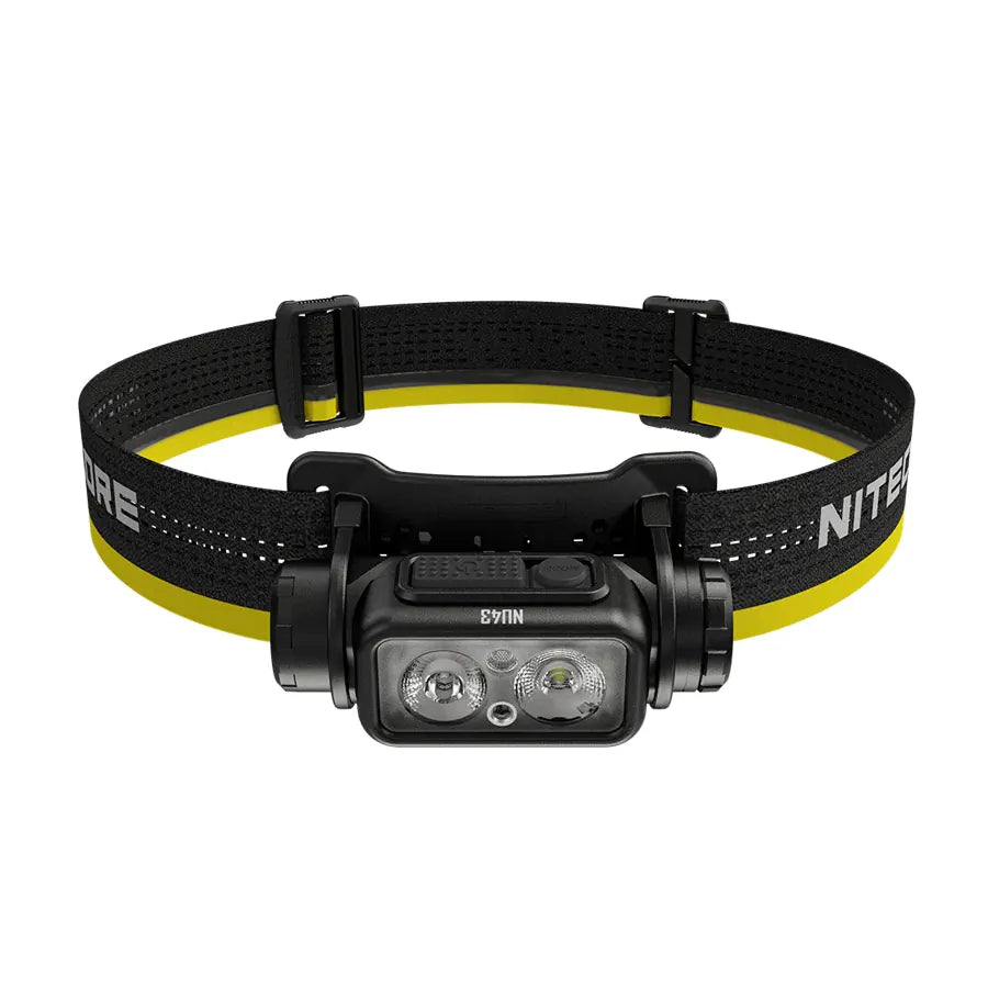 Nitecore headlamp with black and yellow strap on a white background