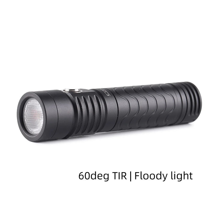 Black flashlight with textured grip on a white background
