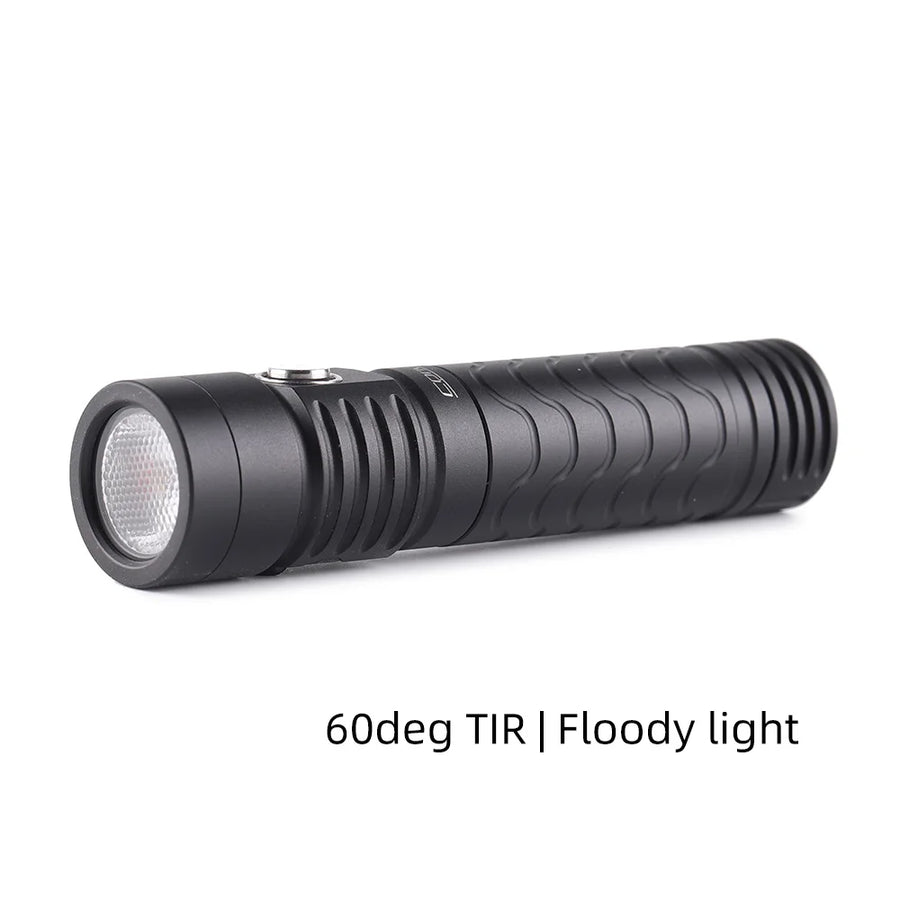 Black flashlight with textured grip on a white background