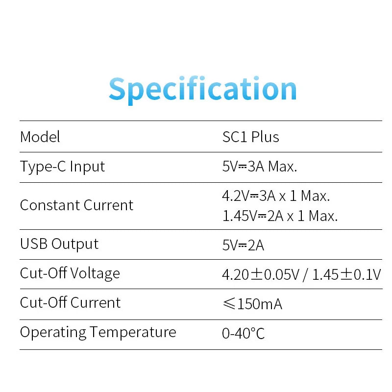 Specifications of SC1 Plus model on a white background