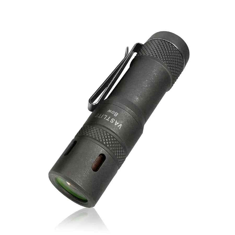 Black flashlight with a clip on a white background
