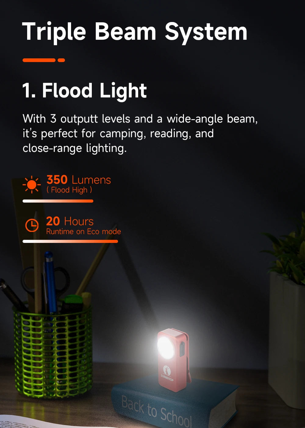 Flood light with triple beam system on a desk with stationery items