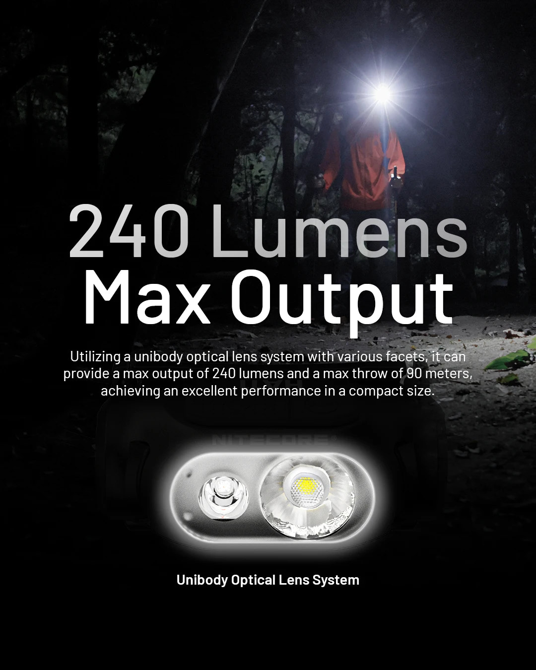 Person using a flashlight with text about 240 lumens max output and unibody optical lens system.