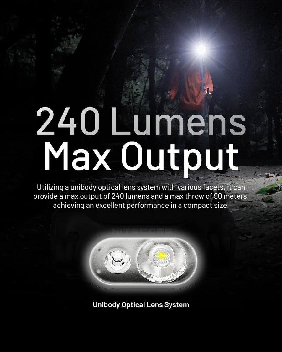 Person using a flashlight with text about 240 lumens max output and unibody optical lens system.