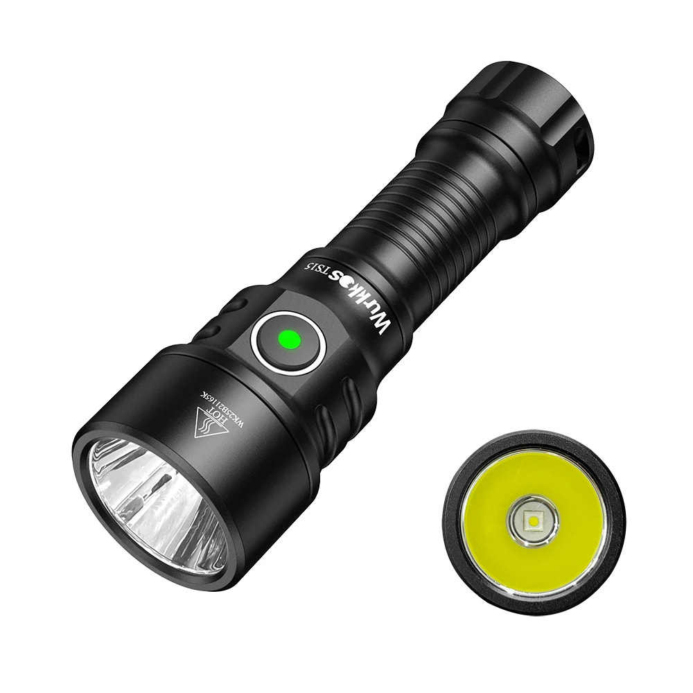 Black flashlight with green accent on a white background
