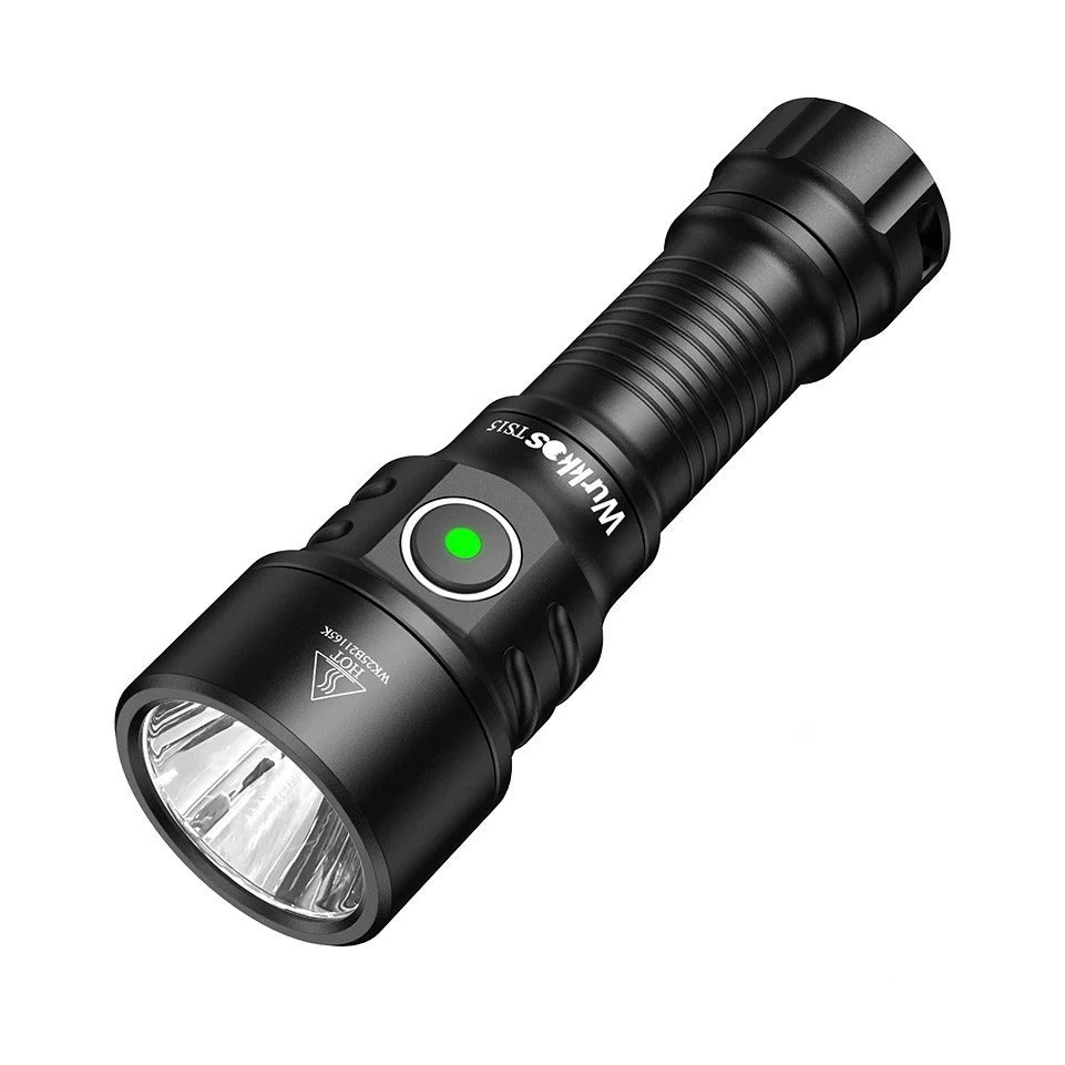 Black flashlight with green button on a white background
