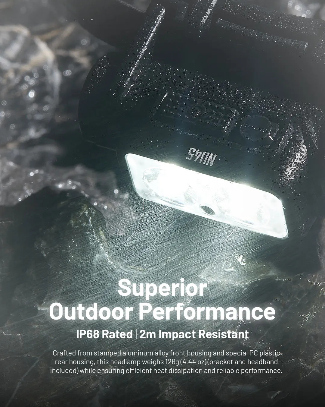 Headlamp in rain with text highlighting outdoor performance and features.