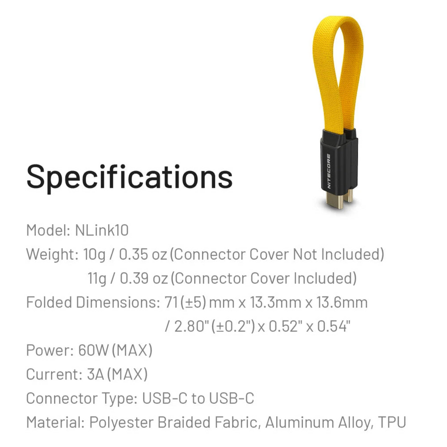 Yellow USB cable with black connectors on a white background, featuring specifications text.